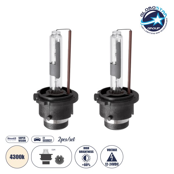 GloboStar® 84025 Λάμπες Αυτοκινήτου HID Xenon D2R Super Vision High Brightness +60% E1 ECER37 360° DC 12-24V IP20  Φ3.2 x  Υ7cm 4300K- Σετ 2 Τεμαχίων