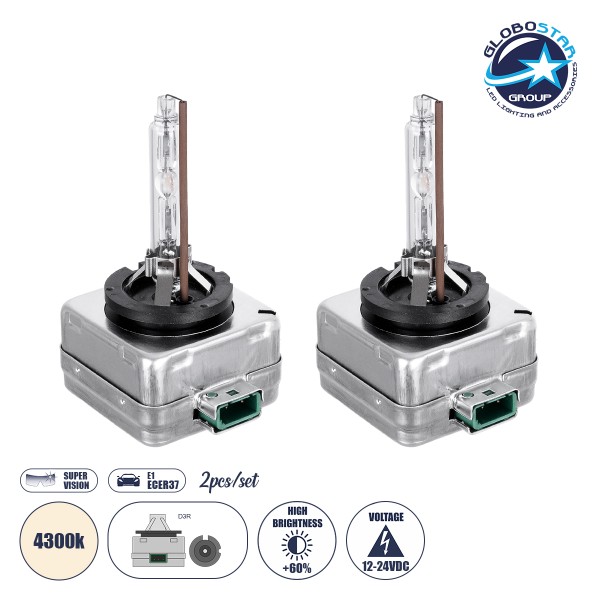 GloboStar® 84027 Λάμπες Αυτοκινήτου HID Xenon D3R Super Vision High Brightness +60% E1 ECER37 360° DC 12-24V IP20  Μ4 x  Π5 x Υ8cm 4300K- Σετ 2 Τεμαχίων