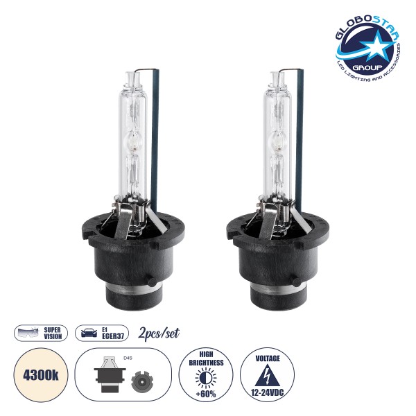 GloboStar® 84028 Λάμπες Αυτοκινήτου HID Xenon D4S Super Vision High Brightness +60% E1 ECER37 360° DC 12-24V IP20  Φ3.5 x  Υ7.5cm 4300K- Σετ 2 Τεμαχίων