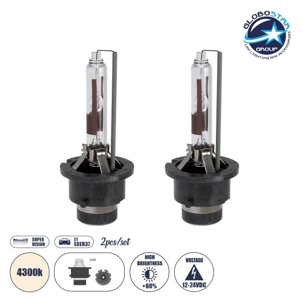 GloboStar® 84029 Λάμπες Αυτοκινήτου HID Xenon D4R Super Vision High Brightness +60% E1 ECER37 360° DC 12-24V IP20  Φ3.5 x  Υ7.5cm 4300K- Σετ 2 Τεμαχίων