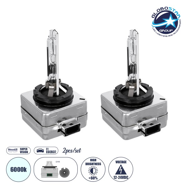 GloboStar® 84031 Λάμπες Αυτοκινήτου HID Xenon D1R Super Vision High Brightness +60% E1 ECER37 360° DC 12-24V IP20  Μ4 x  Π5 x Υ8cm 6000K- Σετ 2 Τεμαχίων