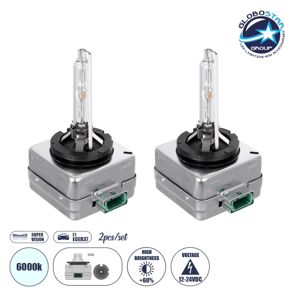 GloboStar® 84034 Λάμπες Αυτοκινήτου HID Xenon D3S Super Vision High Brightness +60% E1 ECER37 360° DC 12-24V IP20  Μ4 x  Π5 x Υ8cm 6000K- Σετ 2 Τεμαχίων