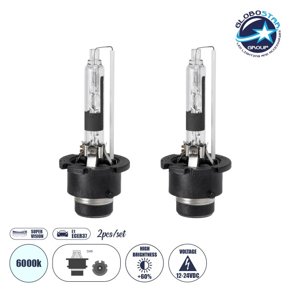 GloboStar® 84036 Λάμπες Αυτοκινήτου HID Xenon D4S Super Vision High Brightness +60% E1 ECER37 360° DC 12-24V IP20  Μ4 x  Π5 x Υ8cm 6000K- Σετ 2 Τεμαχίων