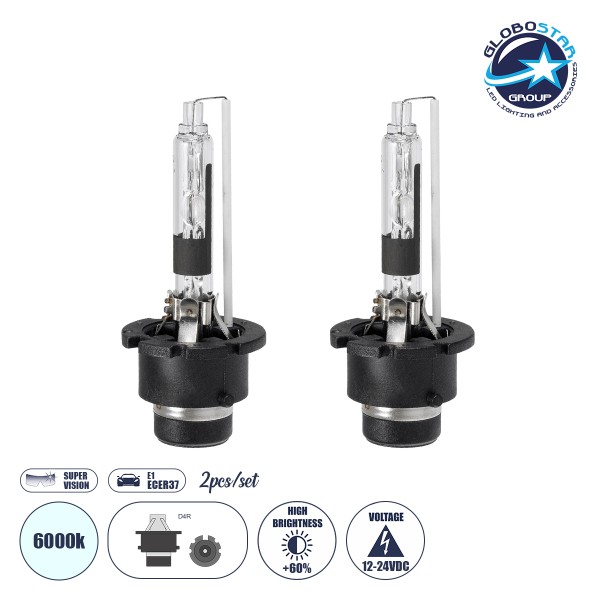 GloboStar® 84037 Λάμπες Αυτοκινήτου HID Xenon D4R Super Vision High Brightness +60% E1 ECER37 360° DC 12-24V IP20  Μ4 x  Π5 x Υ8cm 6000K- Σετ 2 Τεμαχίων
