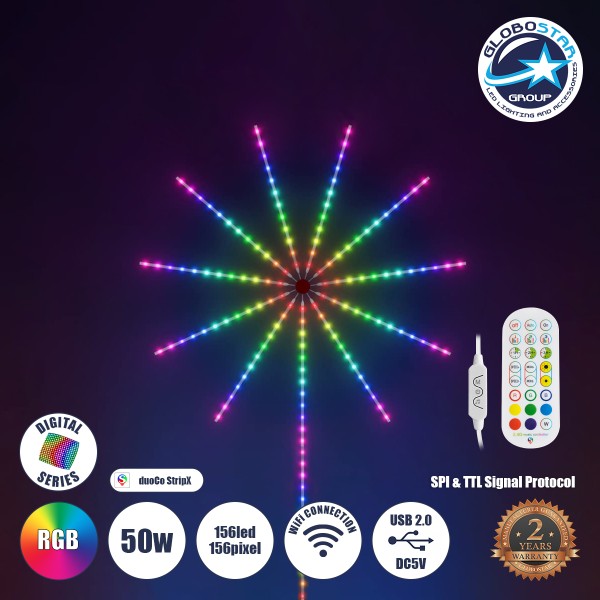 GloboStar® DIGIFRWORKS 90339 Σετ Ψηφιακής LED RGB Ταινίας 5 Μέτρων με Ψηφιακό Controller με WiFi Smart APP & Ασύρματο Χειριστήριο RF 2.4Ghz - LED SMD 5050 50W/Σετ 156LED/Σετ 156PIXEL/Σετ 3000lm/Σετ 120° DC 5V με USB 2.0 IP20 Πολύχρωμο RGB - Dimmable - Μ20