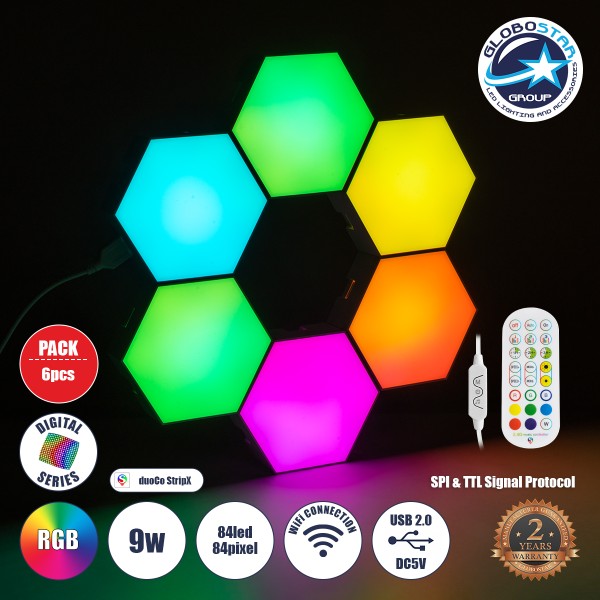 GloboStar® DIGIOCTA 90448 Σετ 6 Ψηφιακων LED RGB Φωτιστικών Κυψελών με Ψηφιακό Controller με WiFi Smart APP & Ασύρματο Χειριστήριο RF 2.4Ghz - LED SMD 5050 9W/Σετ 84PIXEL/Σετ 720lm/Σετ 120° DC 5V με USB 2.0 IP20 Πολύχρωμο RGB - Dimmable - Μ10.5 x Π10.5 x 