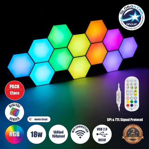 GloboStar® DIGIOCTA 90449 Σετ 12 Ψηφιακων LED RGB Φωτιστικών Κυψελών με Ψηφιακό Controller με WiFi Smart APP & Ασύρματο Χειριστήριο RF 2.4Ghz - LED SMD 5050 18W/Σετ 168PIXEL/Σετ 1440lm/Σετ 120° DC 5V με USB 2.0 IP20 Πολύχρωμο RGB - Dimmable - Μ10.5 x Π10.