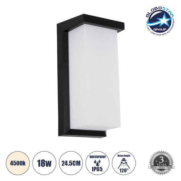 GLOBOSTAR® LOFT 60758 Μοντέρνο Φωτιστικό Τοίχου - Απλίκα LED 18W 1890lm 120° AC 220-240V Αδιάβροχο IP65 Φυσικό Λευκό 4500K - Bridgelux SMD Chip - Μαύρο Ματ - Μ24.5 x Π11 x Υ9.5cm - 3 Χρόνια Εγγύηση