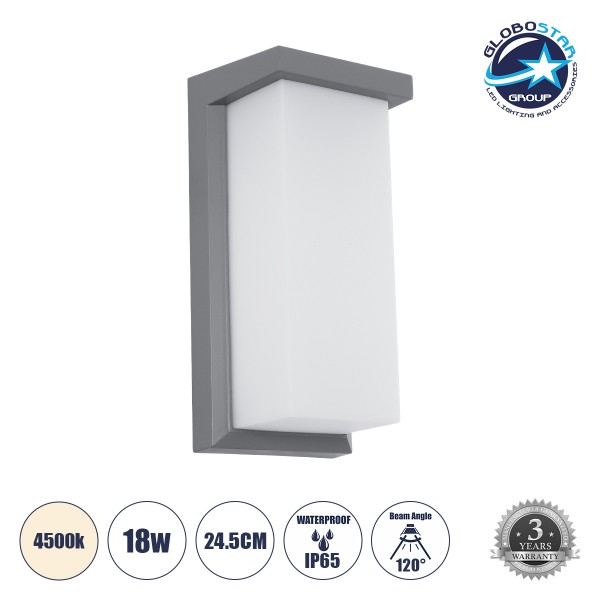 GLOBOSTAR® LOFT 60759 Μοντέρνο Φωτιστικό Τοίχου - Απλίκα LED 18W 1890lm 120° AC 220-240V Αδιάβροχο IP65 Φυσικό Λευκό 4500K - Bridgelux SMD Chip - Γκρι Ματ - Μ24.5 x Π11 x Υ9.5cm - 3 Χρόνια Εγγύηση