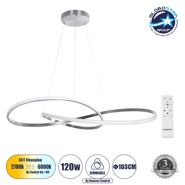 GLOBOSTAR® DEXTER 60919 Μοντέρνο Κρεμαστό Φωτιστικό Οροφής LED 120W 13440lm 300° AC 220-240V IP20 Ρυθμιζόμενο Λευκό CCT με Χειριστήριο από 2700K έως 6000K Dimmable - Lumileds SMD Chip - Νίκελ Βούρτσας - Μ103 x Π103 x Υ30cm - 3 Χρόνια Εγγύηση
