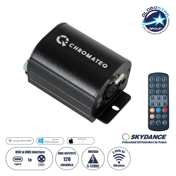 GLOBOSTAR® SKYDANCE-CHROMATEQ 71579 USB-C σε DMX512 Interface 128 Κανάλια XLR3 DC 5V IP40 - Ασύρματο Χειριστήριο IR - Μ7.8 x Π5 x Υ3.8cm - 5 Χρόνια Εγγύηση