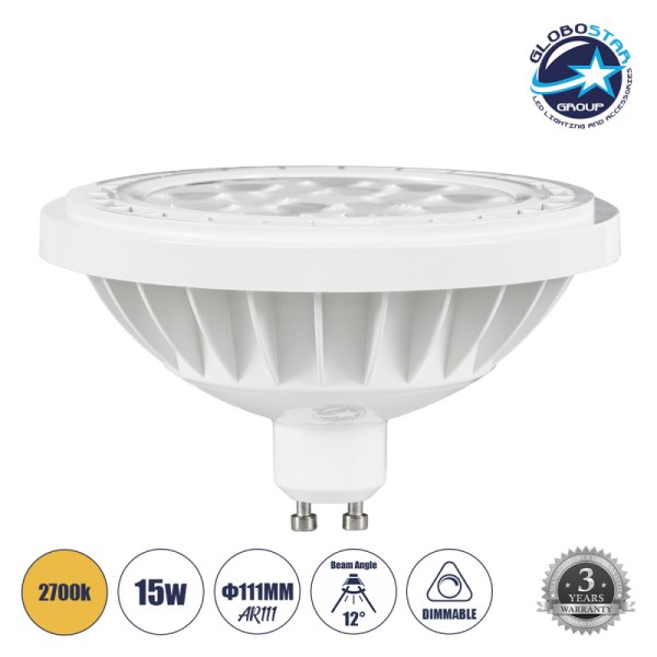 GloboStar® 60134 Σποτ LED GU10 AR111 15W 1410lm 12° AC 220-240V IP20 Φ11 x Υ6.6cm Θερμό Λευκό 2700K Dimmable - 3 Χρόνια Εγγύηση