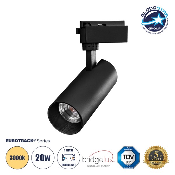 Globostar BEAMTRACK 60811 Μονοφασικό Φωτιστικό Σποτ Ράγας LED  20W 230V 2400lm 30° Acrylic HQ LENS AC 220-240V IP20 Φ6.2 x Υ15.8 cm Θερμό Λευκό 3000k - EUROTRACK® System 1L+1N - Μαύρο - Bridgelux Chip - TUV Certified Driver - 5 Χρόνια Εγγύηση