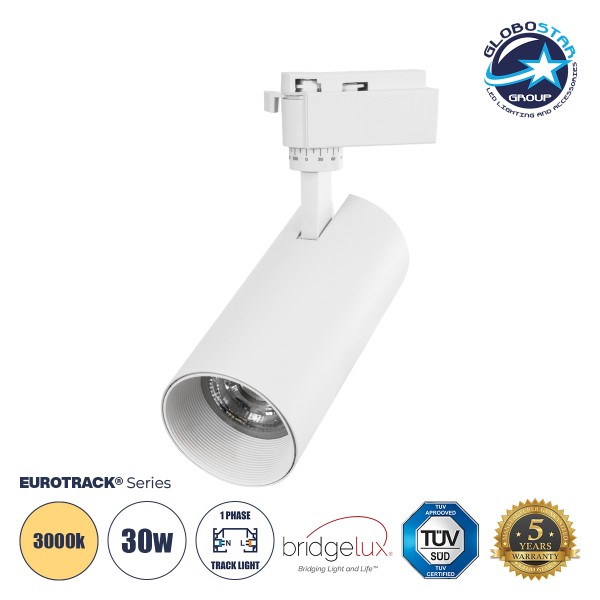 Globostar BEAMTRACK 60814 Μονοφασικό Φωτιστικό Σποτ Ράγας LED 30W 230V 3600lm 30° Acrylic HQ LENS AC 220-240V IP20 Φ7.4 x Υ17.9cm Θερμό Λευκό 3000k - EUROTRACK® System 1L+1N - Λευκό - Bridgelux Chip - TUV Certified Driver - 5 Χρόνια Εγγύηση
