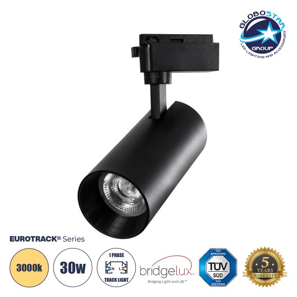 Globostar BEAMTRACK 60817 Μονοφασικό Φωτιστικό Σποτ Ράγας LED 30W 230V 3600lm 30° Acrylic HQ LENS AC 220-240V IP20 Φ7.4 x Υ17.9cm Θερμό Λευκό 3000k - EUROTRACK® System 1L+1N - Μαύρο - Bridgelux Chip - TUV Certified Driver - 5 Χρόνια Εγγύηση