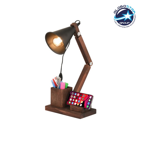 GLOBOSTAR® WOODY 202-0060 MODERN TABLE LIGHT 1 X E27 IP20 BROWN WOOD WITH BLACK METAL - L40 X W40 X H27CM