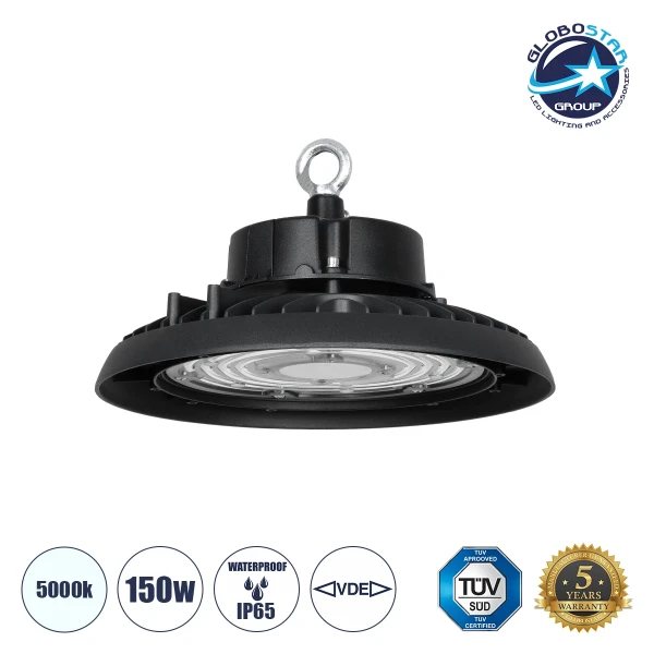 GLOBOSTAR® INDUSTRY 61501 Βιομηχανικό Φωτιστικό Καμπάνα High Bay UFO LED 150W 22500lm SDCM<5 90° AC 85-265V Αδιάβροχο IP65 IK08 Φυσικό Λευκό 5000K - 275 x Sanan Opto SMD Chip & TÜV SÜD Driver - Μαύρο Χυτό Αλουμίνιο - Μ26.5 x Π26.5 x Υ15cm - 5 Χρόνια Εγγύη
