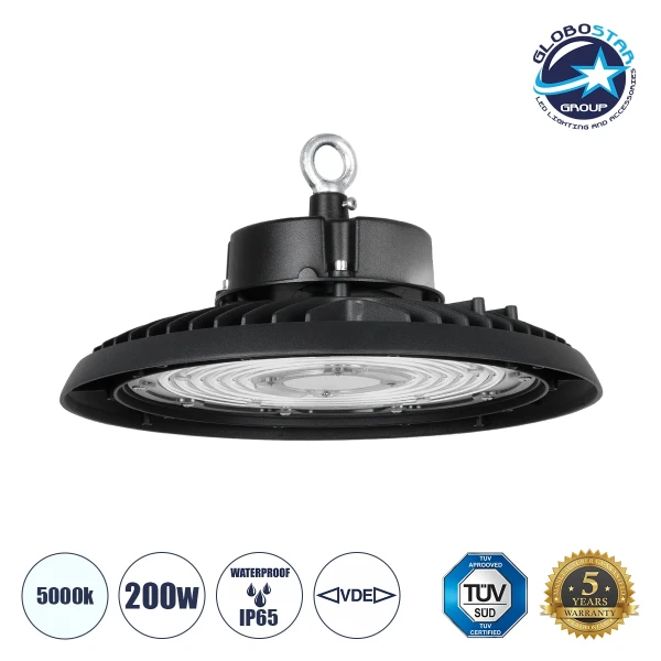 GLOBOSTAR® INDUSTRY 61502 Βιομηχανικό Φωτιστικό Καμπάνα High Bay UFO LED 200W 30000lm SDCM<5 90° AC 85-265V Αδιάβροχο IP65 IK08 Φυσικό Λευκό 5000K - 338 x Sanan Opto SMD Chip & TÜV SÜD Driver - Μαύρο Χυτό Αλουμίνιο - Μ30 x Π30 x Υ16cm - 5 Χρόνια Εγγύηση