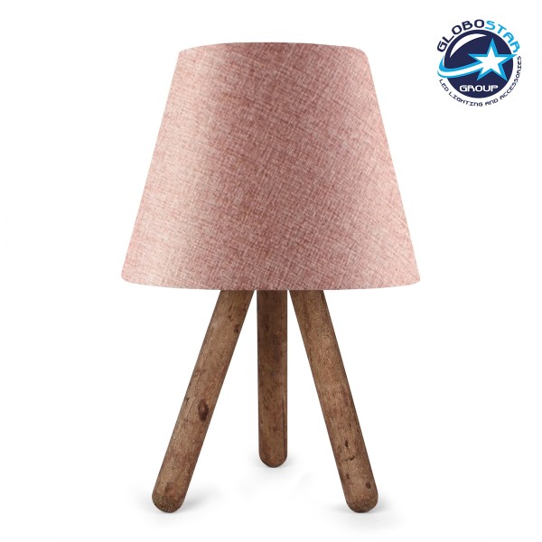 GloboStar® CAP 204-0070 Μοντέρνο Eπιτραπέζιο Φωτιστικό Πορτατίφ Μονόφωτο 1 x E27 IP20 Καφέ Ξύλο με Ροζ Ύφασμα - Μ22 x Π22 x Υ33cm