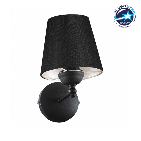 GloboStar® PAM 204-0113 Μοντέρνο Επιτοίχειο Φωτιστικό Aπλίκα Μονόφωτο 1 x E27 IP20 Μαύρο Μέταλλο με Μαύρο Ύφασμα - Μ23 x Π23 x Υ17cm
