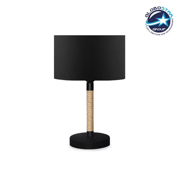 GloboStar® BRONX 201-0062 Μοντέρνο Επιτραπέζιο Φωτιστικό Μονόφωτο 1 x E27 IP20 Μαύρο Ύφασμα, Μπεζ Σχοινί με Μαύρο Μέταλλο - Μ24 x Π24 x Υ37cm