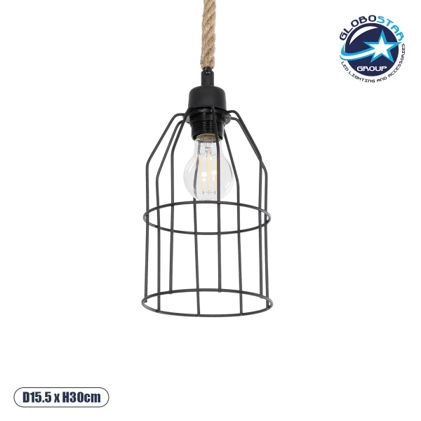 GloboStar® TALAH 203-0009 Vintage Κρεμαστό Φωτιστικό Σχοινί Μονόφωτο 1 x E27 IP20 Μαύρο Μέταλλο με Μπεζ Σχοινί - Μ15.5 x Π15.5 x Υ30cm