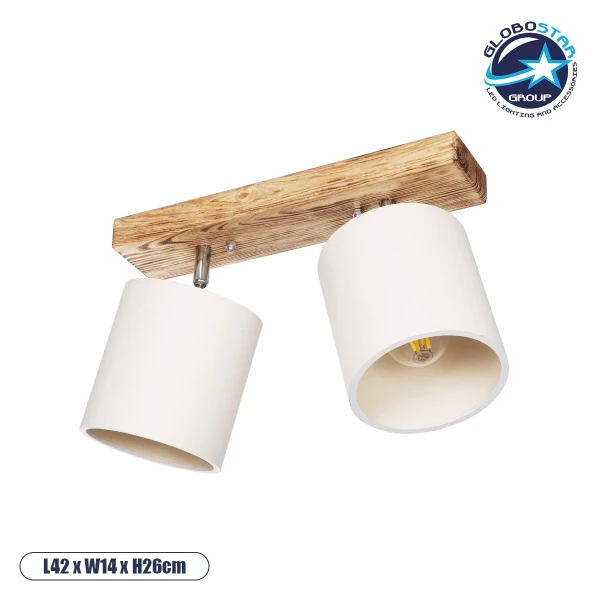 GloboStar® CUP 203-0056 Vintage Φωτιστικό Οροφής Ράγα Δίφωτο 2 x E27 IP20 Μπεζ Ξύλο με Λευκό Ύφασμα - Μ42 x Π14 x Υ26cm