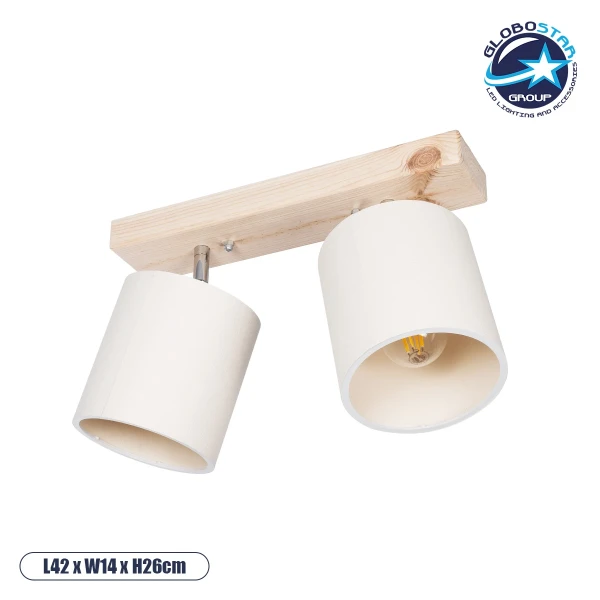 GloboStar® CUP 203-0059 Vintage Φωτιστικό Οροφής Ράγα Δίφωτο 2 x E27 IP20 Μπέζ Ξύλο με Λευκό Ύφασμα - Μ42 x Π14 x Υ26cm