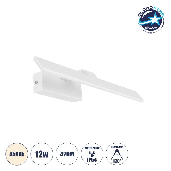 GloboStar® MIRROR 60512 Φωτιστικό Τοίχου - Απλίκα LED 12W 1440lm 120° AC 85-265V IP54 Φυσικό Λευκό 4500K Λευκό Μέταλλο - Μ42 x Π5 x Υ15cm - 2 Xρόνια Εγγύηση