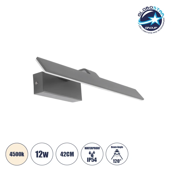 GloboStar® MIRROR 60513 Φωτιστικό Τοίχου - Απλίκα LED 12W 1440lm 120° AC 85-265V IP54 Φυσικό Λευκό 4500K Γκρι Μέταλλο - Μ42 x Π5 x Υ15cm - 2 Xρόνια Εγγύηση