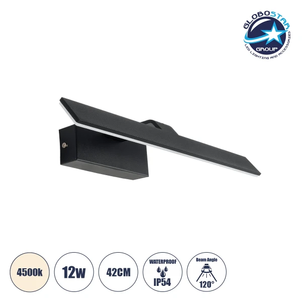 GloboStar® MIRROR 60514 Φωτιστικό Τοίχου - Απλίκα LED 12W 1440lm 120° AC 85-265V IP54 Φυσικό Λευκό 4500K Μαύρο Μέταλλο - Μ42 x Π5 x Υ15cm - 2 Xρόνια Εγγύηση