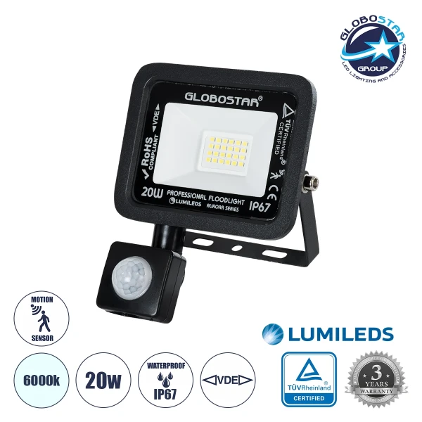 GloboStar® AURORA 61437 Επαγγελματικός Προβολέας LED 20W 2500lm 120° AC 220-240V με Ενσωματωμένο Ρυθμιζόμενο Αισθητήρα Κίνησης PIR - Αδιάβροχος IP67 - Μ12 x Π5 x Υ14.5cm - Μαύρο - Ψυχρό Λευκό 6000K - LUMILEDS Chips - TÜV Rheinland Certified - 3 Years Warr