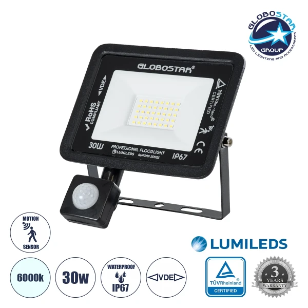GloboStar® AURORA 61439 Επαγγελματικός Προβολέας LED 30W 3750lm 120° AC 220-240V με Ενσωματωμένο Ρυθμιζόμενο Αισθητήρα Κίνησης PIR - Αδιάβροχος IP67 - Μ16 x Π5 x Υ17.5cm - Μαύρο - Ψυχρό Λευκό 6000K - LUMILEDS Chips - TÜV Rheinland Certified - 3 Years Warr