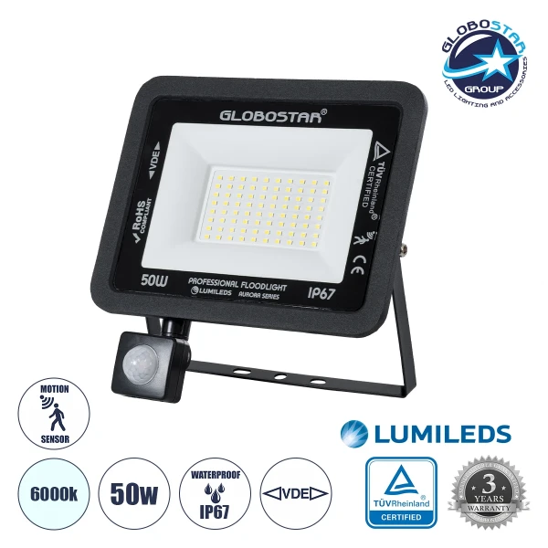 GloboStar® AURORA 61441 Επαγγελματικός Προβολέας LED 50W 6250lm 120° AC 220-240V με Ενσωματωμένο Ρυθμιζόμενο Αισθητήρα Κίνησης PIR - Αδιάβροχος IP67 - Μ21 x Π5 x Υ21cm - Μαύρο - Ψυχρό Λευκό 6000K - LUMILEDS Chips - TÜV Rheinland Certified - 3 Years Warran