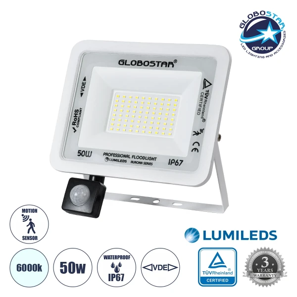 GloboStar® AURORA 61442 Επαγγελματικός Προβολέας LED 50W 6250lm 120° AC 220-240V με Ενσωματωμένο Ρυθμιζόμενο Αισθητήρα Κίνησης PIR - Αδιάβροχος IP67 - Μ21 x Π5 x Υ21cm - Λευκό - Ψυχρό Λευκό 6000K - LUMILEDS Chips - TÜV Rheinland Certified - 3 Years Warran