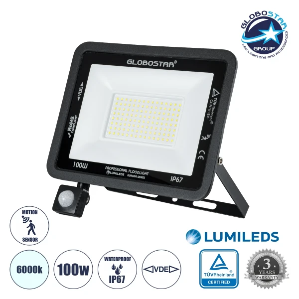 GloboStar® AURORA 61443 Επαγγελματικός Προβολέας LED 100W 12500lm 120° AC 220-240V με Ενσωματωμένο Ρυθμιζόμενο Αισθητήρα Κίνησης PIR - Αδιάβροχος IP67 - Μ25 x Π6.5 x Υ27.5cm - Μαύρο - Ψυχρό Λευκό 6000K - LUMILEDS Chips - TÜV Rheinland Certified - 3 Years 