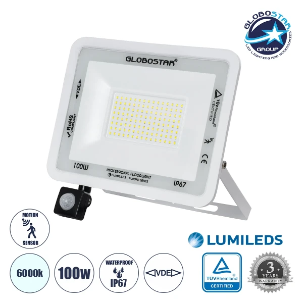 GloboStar® AURORA 61444 Επαγγελματικός Προβολέας LED 100W 12500lm 120° AC 220-240V με Ενσωματωμένο Ρυθμιζόμενο Αισθητήρα Κίνησης PIR - Αδιάβροχος IP67 - Μ25 x Π6.5 x Υ27.5cm - Λευκό - Ψυχρό Λευκό 6000K - LUMILEDS Chips - TÜV Rheinland Certified - 3 Years 
