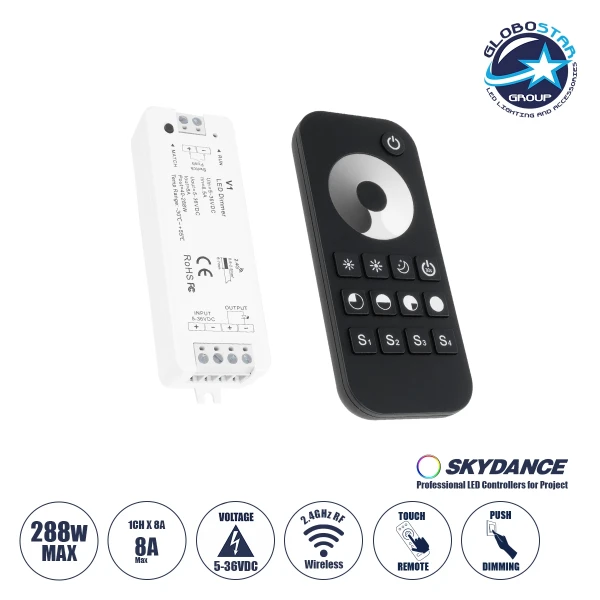 GloboStar® 73118 RT1+V1 SKYDANCE ΣΕΤ Dimmer & Ασύρματο Χειριστήριο Αφής 1 Group RF 2.4Ghz 8A Max DC 5-36V (288W) - DC 3V IP20 - 5 Χρόνια Εγγύηση