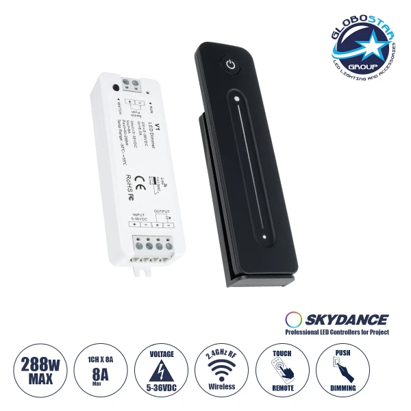 GloboStar® 73119 V1+R11 SKYDANCE ΣΕΤ Dimmer & Ασύρματο Χειριστήριο Αφής 1 Group RF 2.4Ghz 8A Max DC 5-36V (288W) - DC 3V IP20 - 5 Χρόνια Εγγύηση