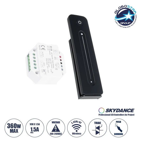 GloboStar® 73124 S1-B+R11 SKYDANCE ΣΕΤ Dimmer & Ασύρματο Χειριστήριο Αφής 1 Group RF 2.4Ghz 1.5A Max AC100-240V (360W) - DC 3V IP20 - 5 Χρόνια Εγγύηση