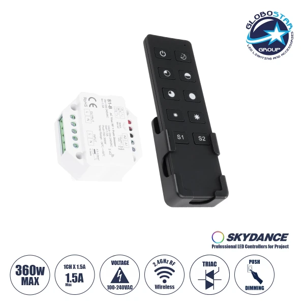 GloboStar® 73125 S1-B+R1 SKYDANCE ΣΕΤ Dimmer & Ασύρματο Χειριστήριο Αφής 1 Group RF 2.4Ghz 1.5A Max AC100-240V (360W) - DC 3V IP20 - 5 Χρόνια Εγγύηση