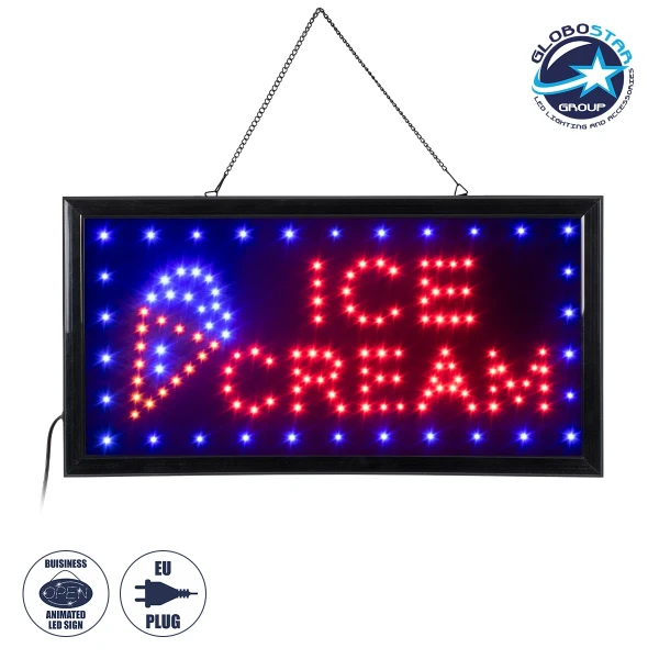 GloboStar® 75691 Φωτιστικό Ταμπέλα LED Ορθογώνια Σήμανσης ICE CREAM με Πρίζα AC 230V Μ48 x Π25 x Υ2cm