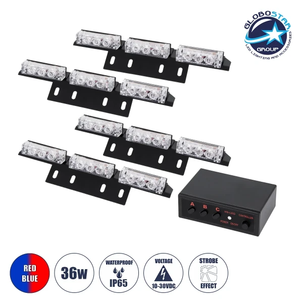 GloboStar® 85017 PRO Series ΣΕΤ 4 x 3 Μπάρες Σήμανσης Οχήματος Οδικής Βοήθειας για Αυτοκίνητα & Φορτηγά 3 Προγραμμάτων Φωτισμού STROBE LED HIGH POWER 36W DC 10-30V Αδιάβροχο IP65 Κόκκινο & Μπλε-  Μ18 x Π4.5 x Υ3cm - 2 Χρόνια Εγγύηση