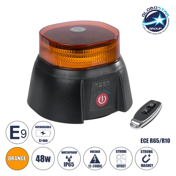 GloboStar® 85359 PRO Series Επαναφορτιζόμενος Φάρος Σήμανσης Οχήματος Security - Ασφαλείας για Αυτοκίνητα & Φορτηγά 10 Προγραμμάτων Φωτισμού STROBE LED 48W DC 10-30V Αδιάβροχος IP65 Πορτοκαλί