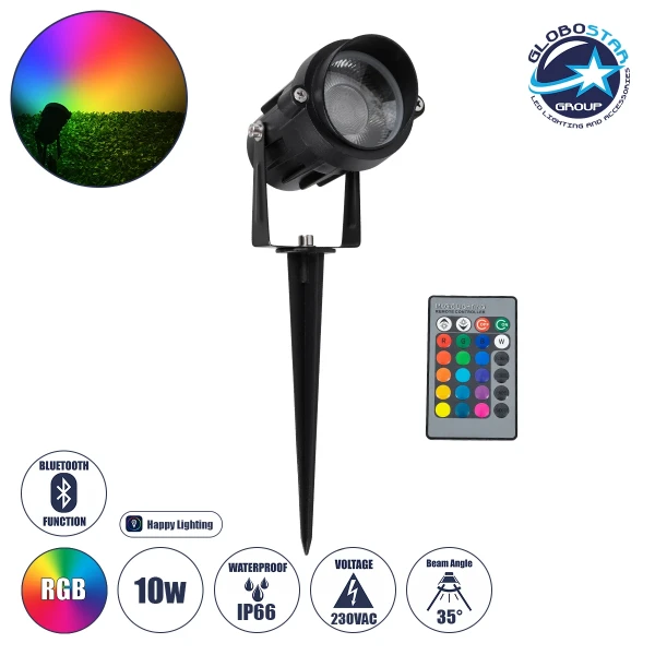 GloboStar® 85814 Προβολάκι Κήπου Καρφωτό - Δαπέδου COB LED 10W 1000lm 35° AC 230V με Smart App & Ασύρματο Χειριστήριο IR Αδιάβροχο IP67 Πολύχρωμο RGB Dimmable