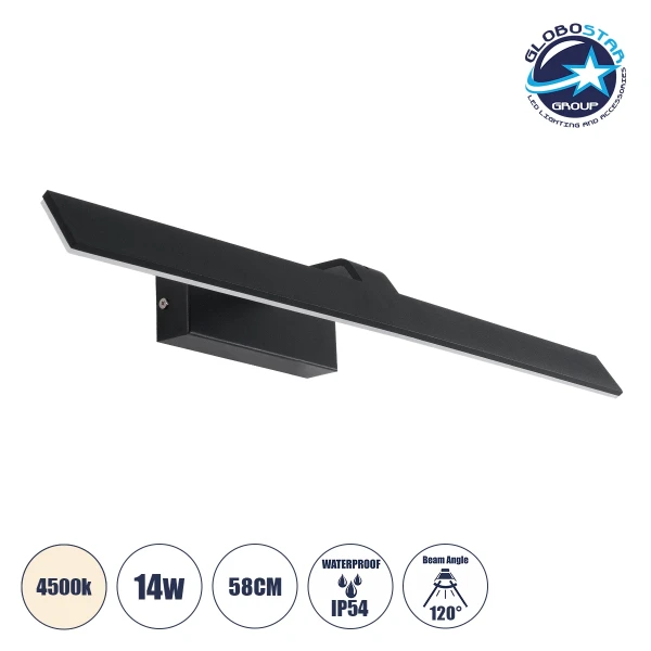 GloboStar® MIRROR 60517 Φωτιστικό Τοίχου - Απλίκα LED 14W 1680lm 120° AC 85-265V IP54 Φυσικό Λευκό 4500K Μαύρο Μέταλλο - Μ58 x Π15 x Υ6cm - 2 Xρόνια Εγγύηση