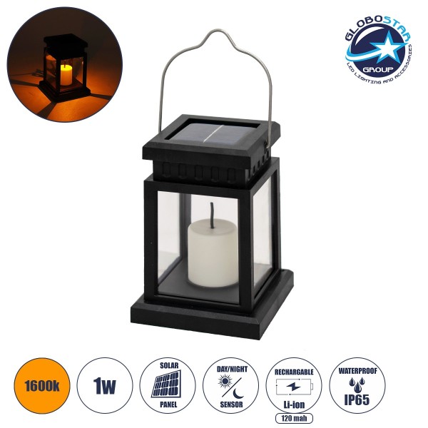 GloboStar® 71506 Αυτόνομο Ηλιακό Κρεμαστό Διακοσμητικό Φωτιστικό Φανάρι με Κεράκι LED 1W 50lm με Ενσωματωμένη Μπαταρία 120mAh - Φωτοβολταϊκό Πάνελ με Αισθητήρα Ημέρας-Νύχτας Αδιάβροχο IP65 Θερμό Λευκό 1600K