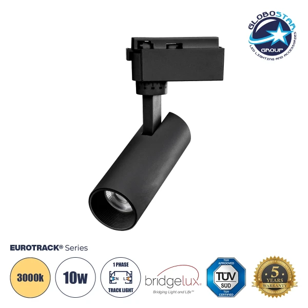 Globostar BEAMTRACK 60805 Μονοφασικό Φωτιστικό Σποτ Ράγας LED 10W 230V 1200lm 30° Acrylic HQ LENS AC 220-240V IP20 Φ4.6 x Υ12.5cm Θερμό Λευκό 3000k - EUROTRACK® System 1L+1N - Μαύρο - Bridgelux Chip - TUV Certified Driver - 5 Χρόνια Εγγύηση