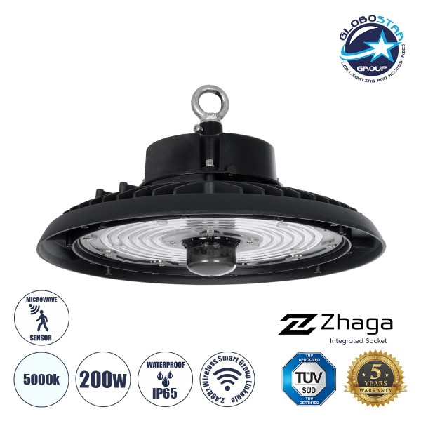 GLOBOSTAR® INDUSTRY 61706 Βιομηχανικό Φωτιστικό Καμπάνα High Bay UFO Τεχνολογίας Smart Group Linkable Control System 2.4Ghz με Αισθητήρα Κίνησης Microwave LED 200W 30000lm SDCM<5 90° AC 85-265V Αδιάβροχο IP65 IK08 Φυσικό Λευκό 5000K - 338 x Sanan Opto SMD