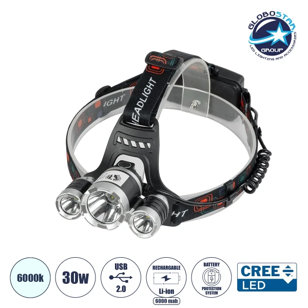 GloboStar® 79057 Φακός Κεφαλής Επαναφορτιζόμενος LED CREE XML2-T6 Chip 30 Watt 3000lm με 2 x 18650 Μπαταρίες 6000mAh Ψυχρό Λευκό 6000K